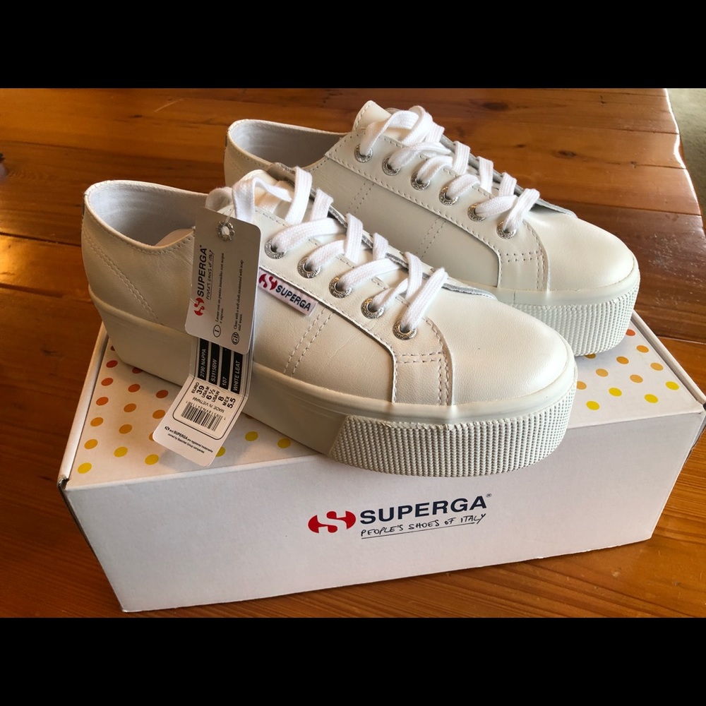 Superga white leather platforms